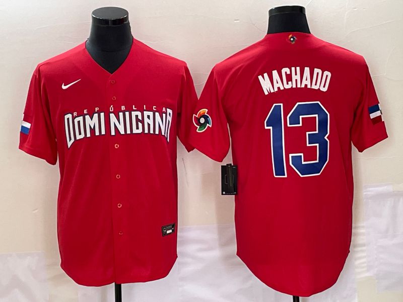 Men 2023 World Cub Dominicana #13 Machado Red Nike MLB Jersey7
